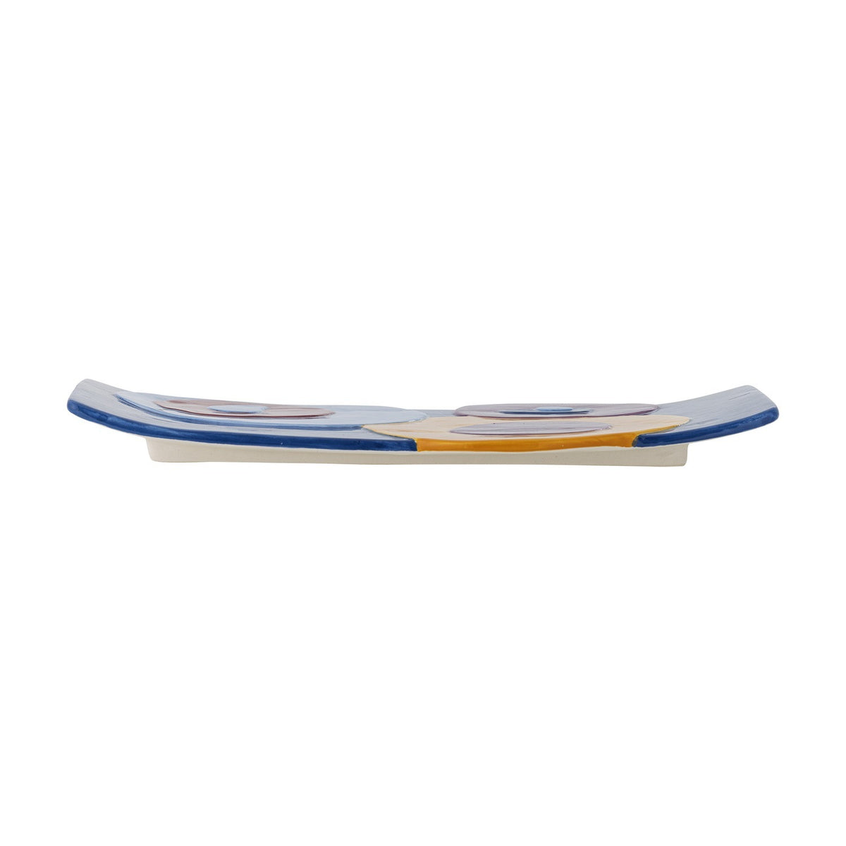 Side view of the Polivia Geometric Ceramic Tray in multicoloured dolomite with curved raised edges and hand-painted circle details, shown on a plain white background.
