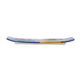 Side view of the Polivia Geometric Ceramic Tray in multicoloured dolomite with curved raised edges and hand-painted circle details, shown on a plain white background.