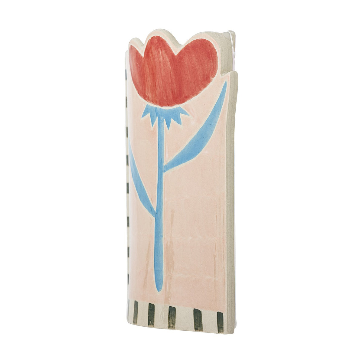 Vinia Floral Stoneware Vase 23cm in Multi, hand-painted with a red tulip bloom, blue stem and leaves, scalloped top edge and striped base, shown on a plain white background.
