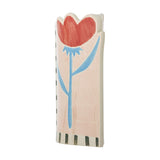 Vinia Floral Stoneware Vase 23cm in Multi, hand-painted with a red tulip bloom, blue stem and leaves, scalloped top edge and striped base, shown on a plain white background.
