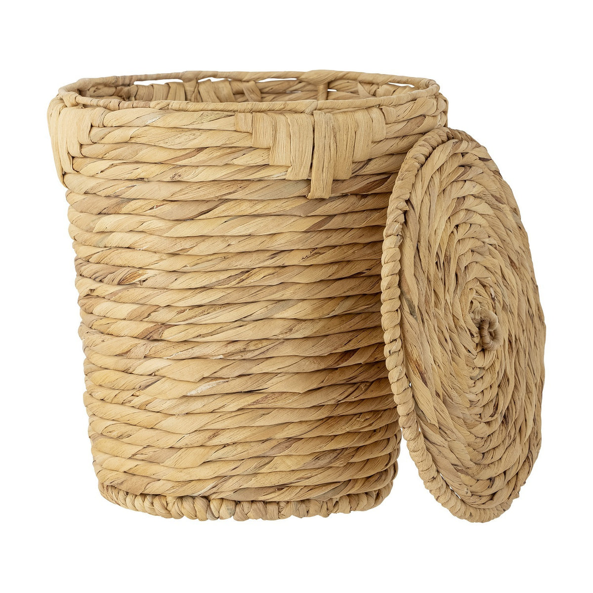 Peri Water Hyacinth Basket with Lid in natural, round tapered shape with coiled rope texture, woven plaited rim and spiral lid, shown against a plain white background.