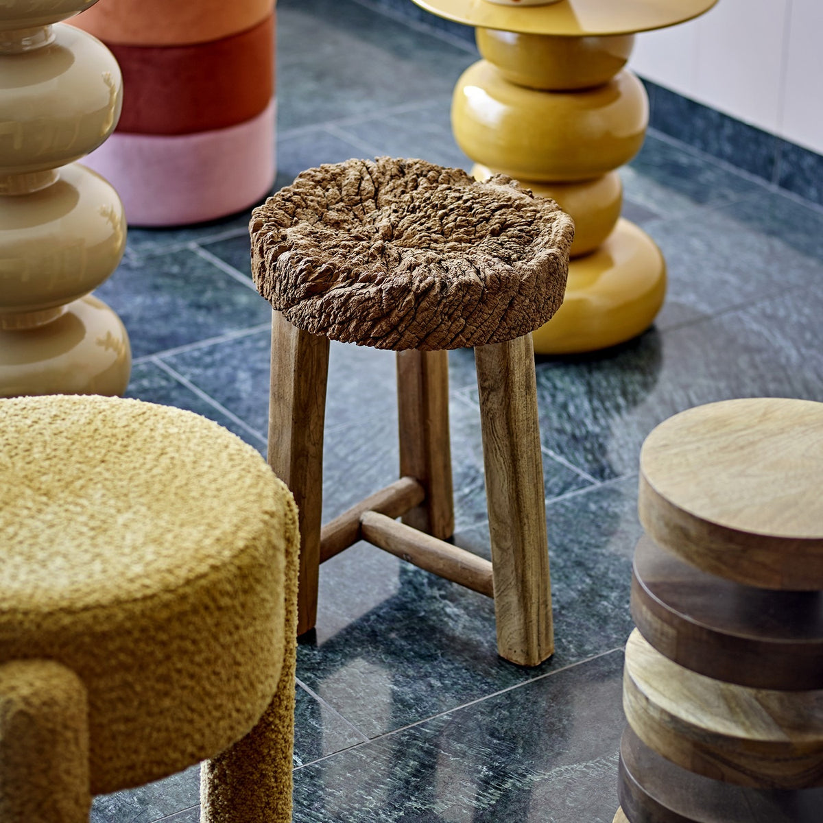 Delray Round Wooden Stool - Natural
