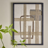 Bie Geometric Cotton Wall Decor in beige, framed textile art with woven jute bands forming a grid over a rounded rectangle outline and square block, shown on a wall beside green foliage.