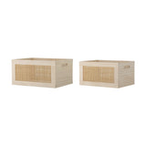 Piana Wooden Storage Boxes Set of 2 in natural pine with woven rattan front panels and cut-out handles, shown in two sizes on a plain white background.