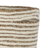 Close-up of the Selena Jute Basket in White with alternating bands of jute cord and braided seagrass, zigzag stitching, a braided rim, and a cut-out handle.