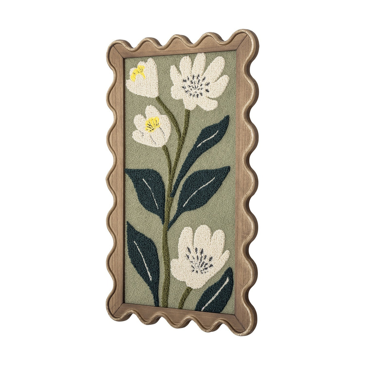 Talan Wavy Framed Print in multi tones, showing a tufted floral design with tall stem and leaves in a wood-effect scalloped frame, shown at an angle on a white background.
