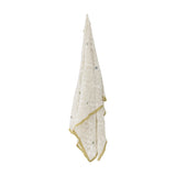 Rovigo Cotton Throw in natural crochet lace weave with scattered coloured stitches and a scalloped yellow edge, hanging against a plain white background.