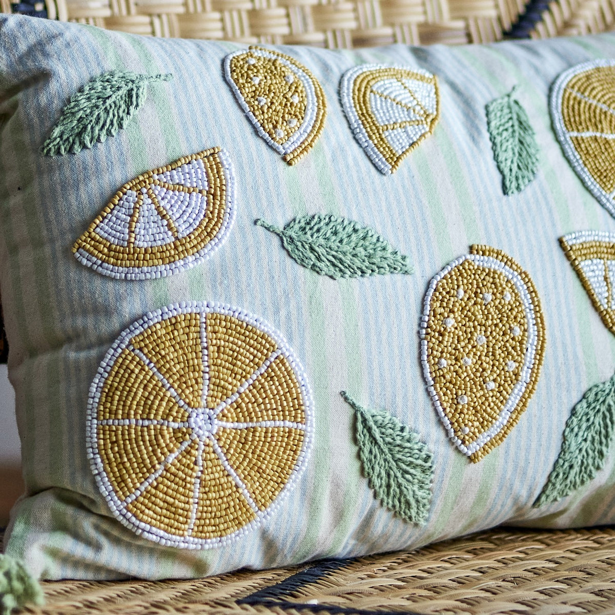Lemon Striped Cotton Cushion - Yellow