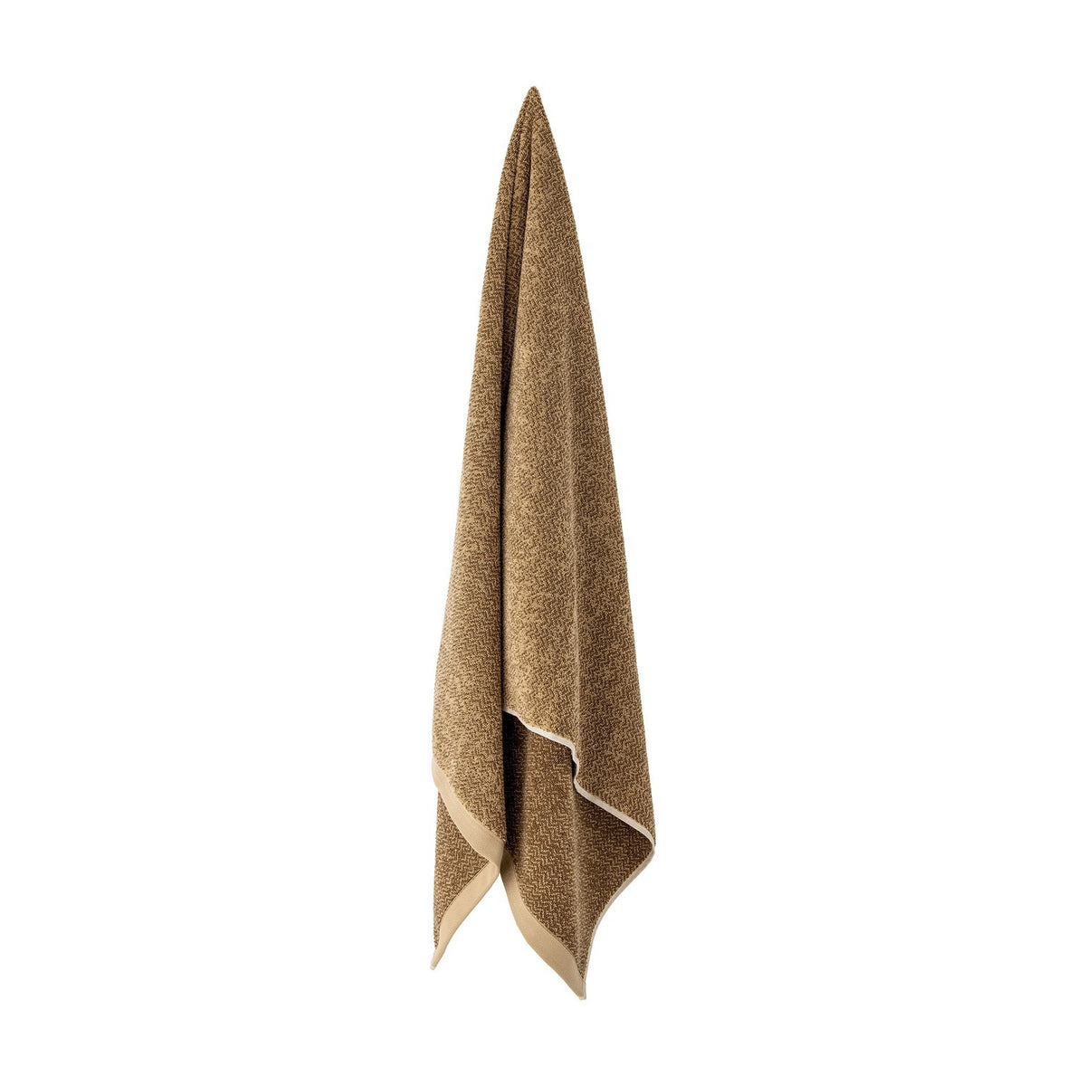 Kahla Cotton Towel 140x70cm in brown, hanging to a point against a plain white background, showing a two-tone herringbone weave with a smooth flat-edge border.