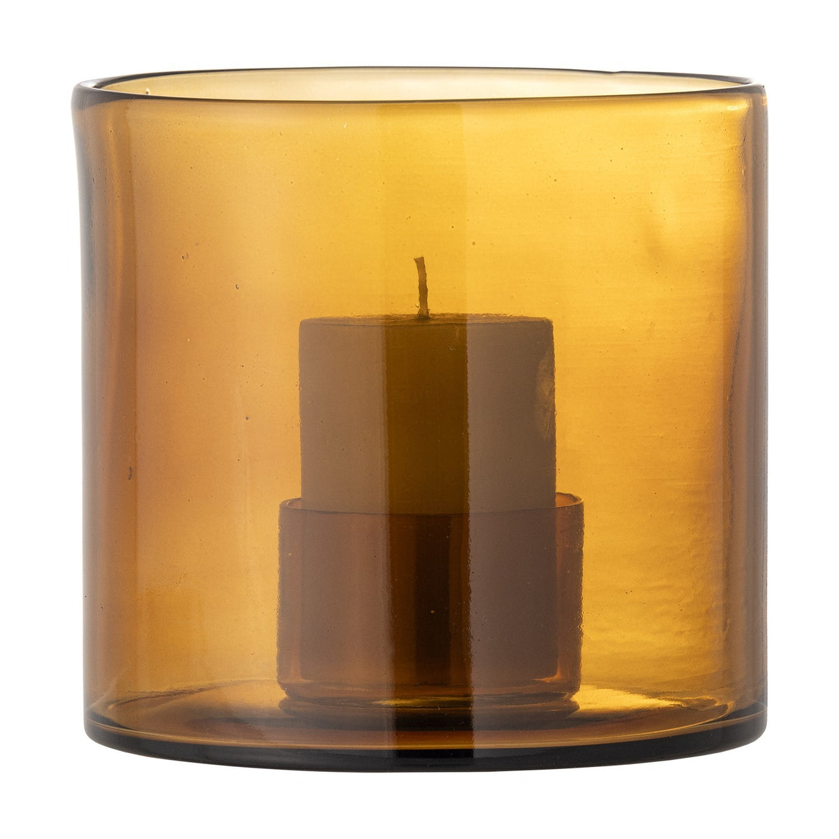 Kahlah wide amber glass candle holder with a raised inner cup holding a pillar candle, recycled glass finish, shown on a plain white background.