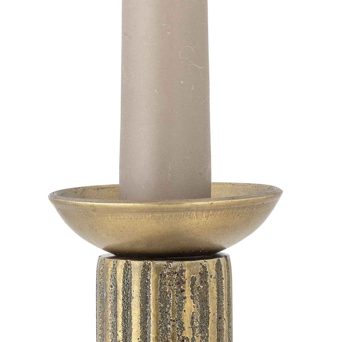 Fargo Iron Candle Cuff in gold, a small round dish-shaped drip tray with a flared hollow, fitted around a taper candle atop a ridged candlestick, on a plain white background.