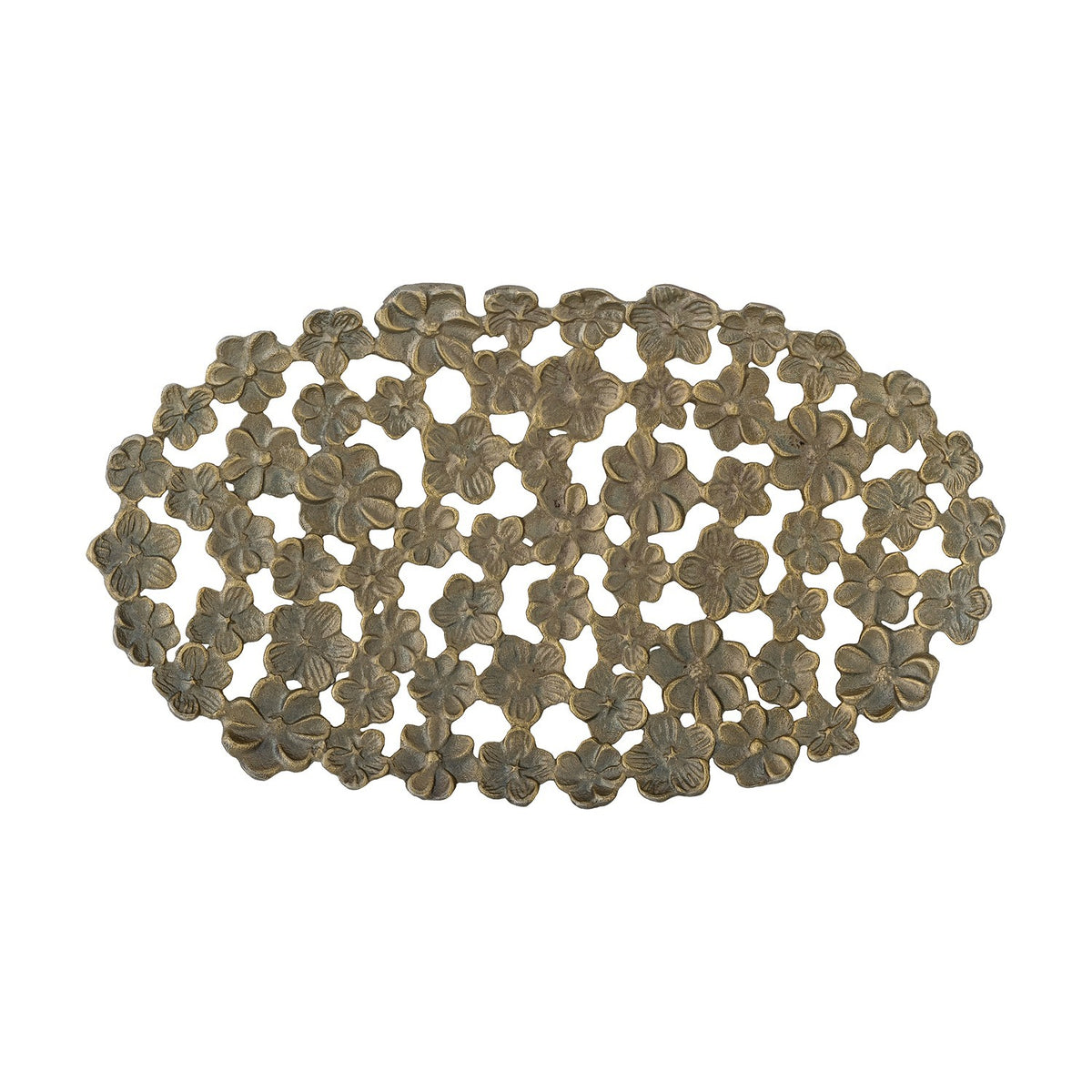 Micha Aluminium Tray in Brass, an oval open-lattice tray formed from layered flower shapes with raised centres, shown on a plain white background.