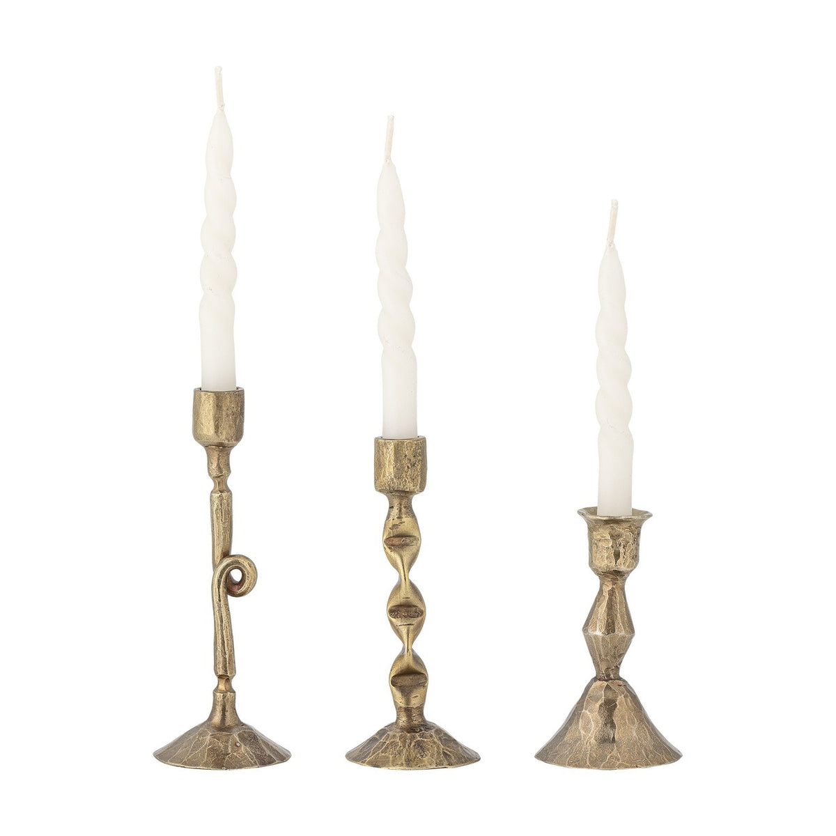 Efsa Iron Candle Holders Set of 3 in brass, each with a distinct faceted or twisted stem and bell-shaped base, holding white taper candles on a plain white background.