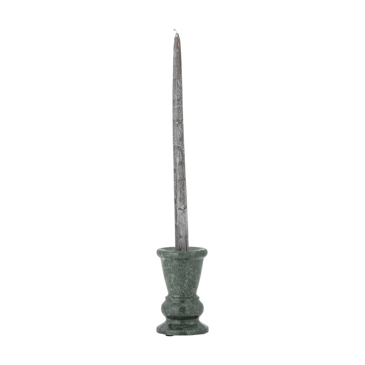 Sicilia Marble Candle Holder 12.5cm in green veined stone with a flared cup, narrow waist, rounded swell and stepped base, holding a tall silver taper candle on a plain white background.