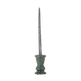 Sicilia Marble Candle Holder 12.5cm in green veined stone with a flared cup, narrow waist, rounded swell and stepped base, holding a tall silver taper candle on a plain white background.