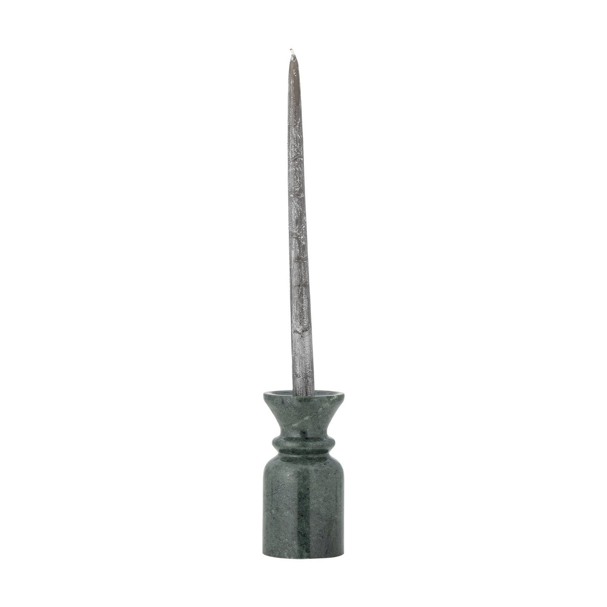 Sicilia Marble Candle Holder 15.5cm in green with a flared cup, rounded collar, and cylindrical base, polished finish, holding a tall tapered candle on a white background.