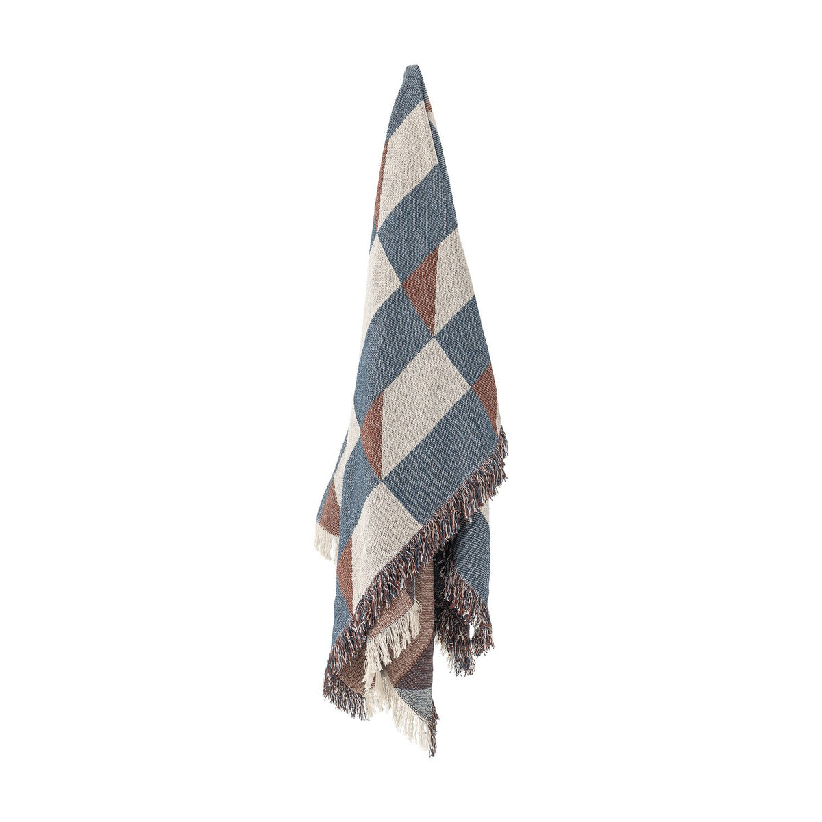 True Checked Cotton Throw in multi blue, cream and brown diagonal check with thick fringed edges, hanging against a plain white background.