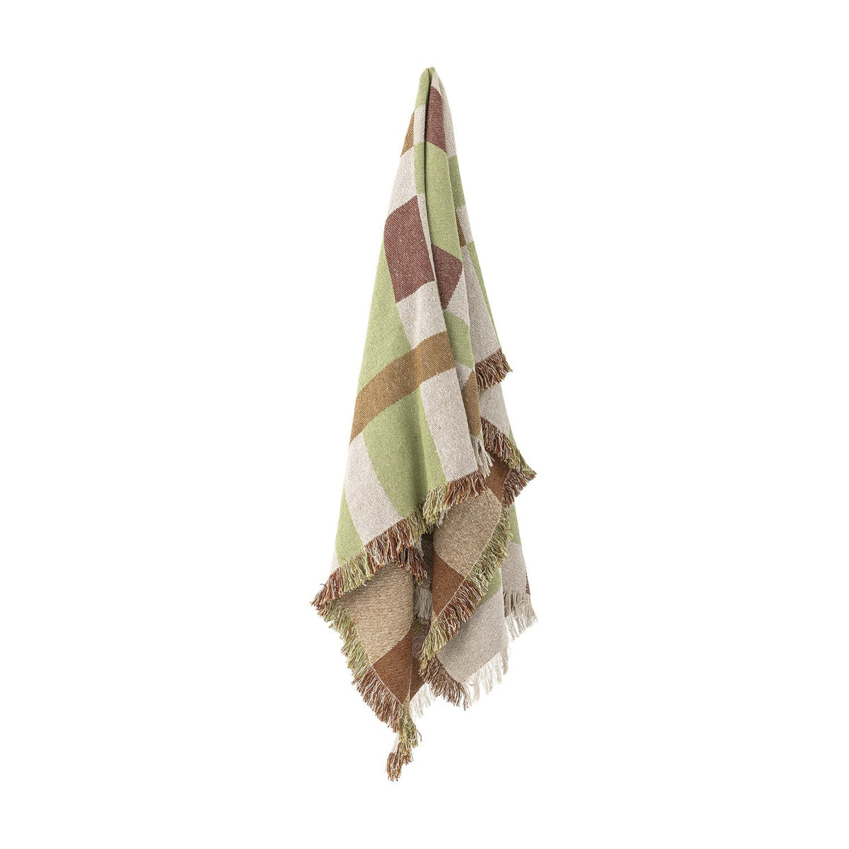 Galvin Checked Cotton Throw in a multicoloured green, brown, and beige check with fringed edges, shown draped against a plain white background.