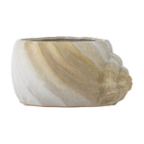 Corelia Shell Stoneware Plant Pot in beige, a low wide ceramic planter with a spiral whorl and ribbed, wavy-rimmed shell design, shown on a plain white background.