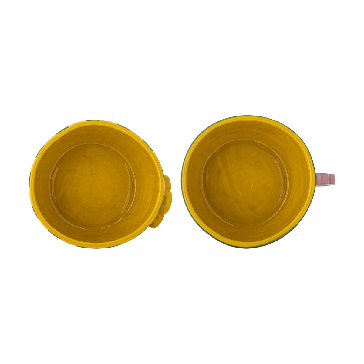 Top-down view of Haisy stoneware bowls set of 2, showing mustard-yellow interiors with one featuring a raised side flower and the other a pink rim handle, on a white background.