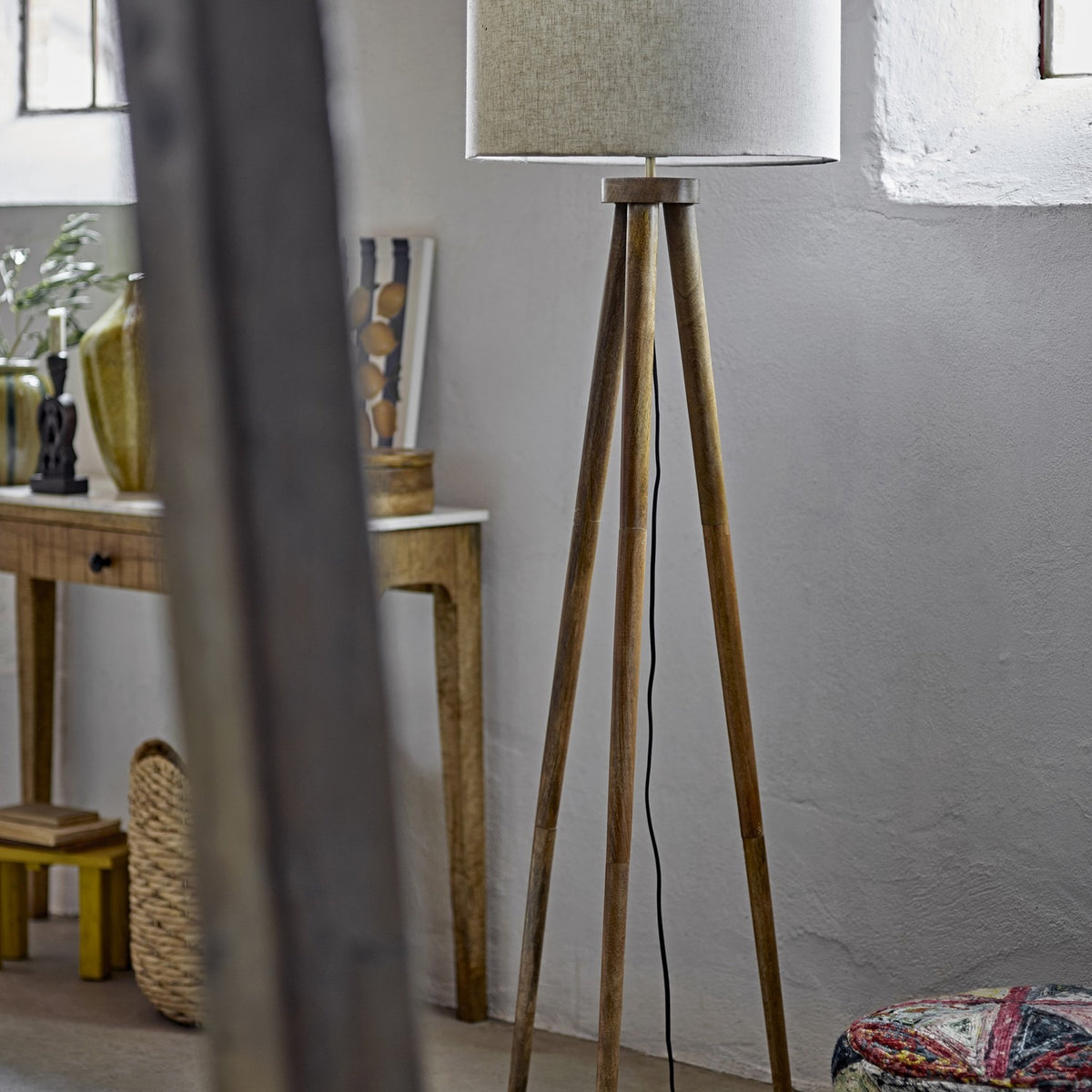 Etienne Wooden Floor Lamp with Linen Shade - Brown