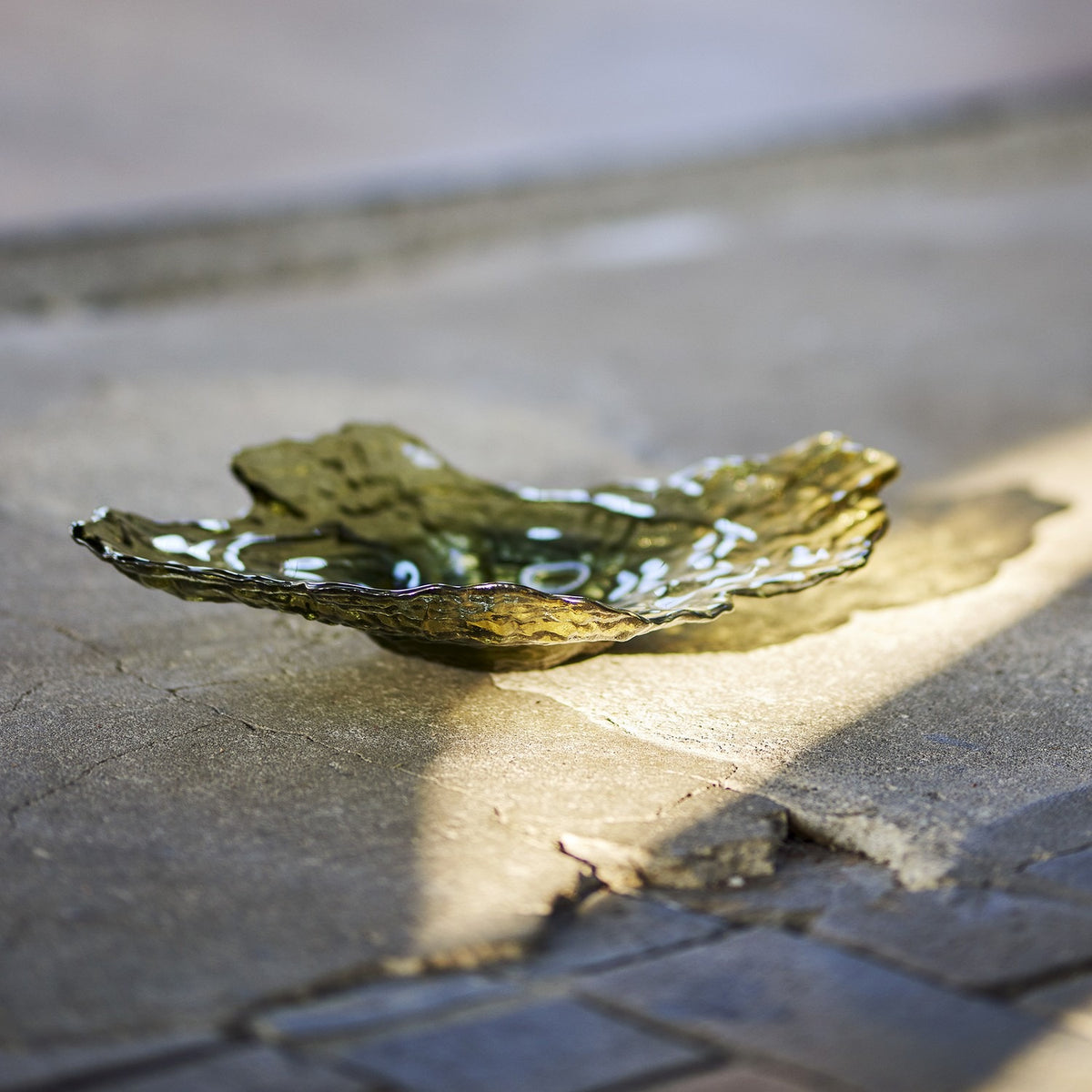 Aiku Glass Bowl 38x29cm in green, a wide shallow dish with an irregular rippled edge and textured surface, shown outdoors on stone paving in sunlight.
