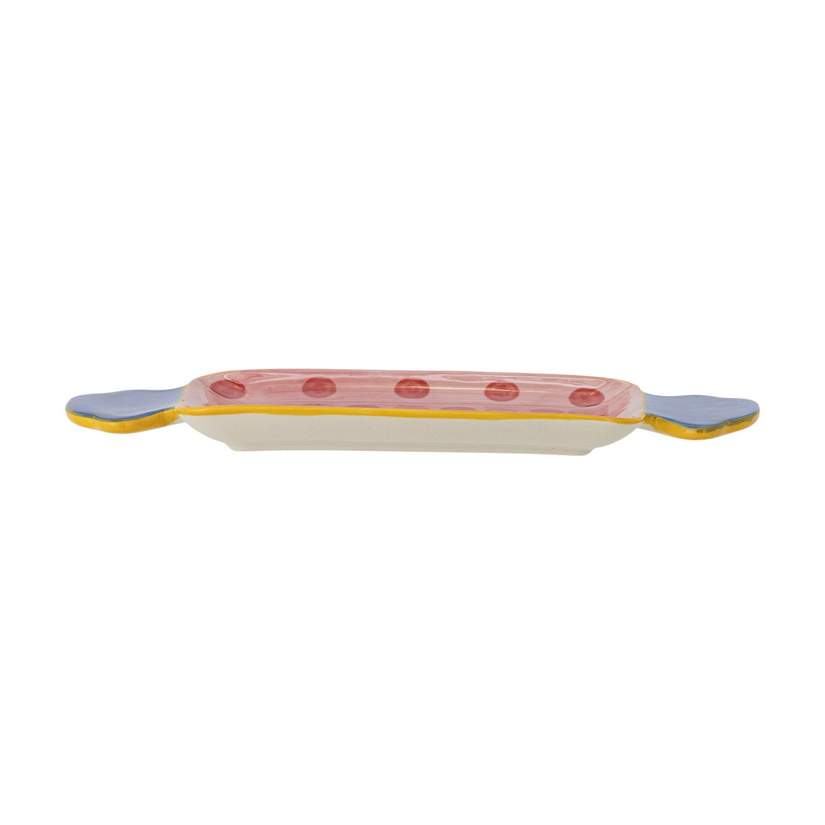 Caramella stoneware serving platter shaped like a wrapped sweet, with twisted blue and yellow ends and a pink centre dotted with red spots, on a white background.