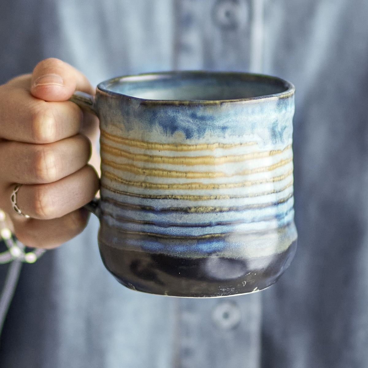 Deana Striped Stoneware Mugs 380ml Set of 4 - Blue
