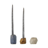 Kimber Stoneware Tealight & Candle Holders, set of 3 faceted ceramic holders in blue, mustard and cream glazes with tall grey candles, on a white background.
