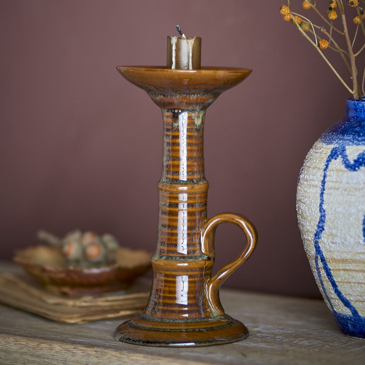 Rigby Striped Stoneware Candle Holder - Brown