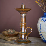 Rigby Striped Stoneware Candle Holder - Brown