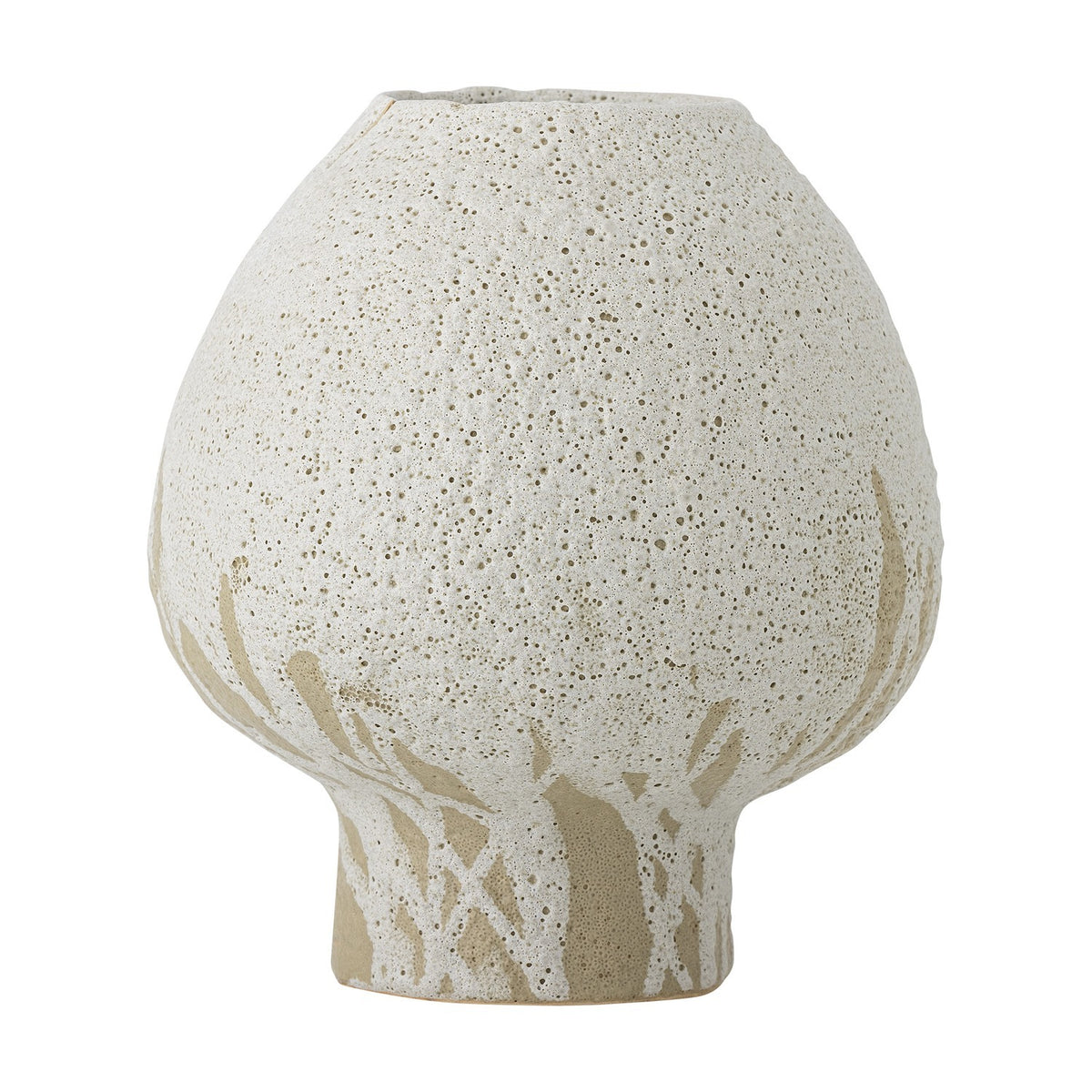White stoneware mushroom-shaped vase, 19cm, on a short foot with pitted glaze breaking into bare stoneware streaks near the base, shown on a plain background.