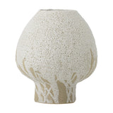 White stoneware mushroom-shaped vase, 19cm, on a short foot with pitted glaze breaking into bare stoneware streaks near the base, shown on a plain background.
