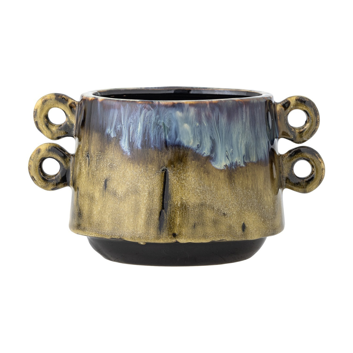 Walton Embossed Stoneware Plant Pot in multicoloured glaze, round ceramic body with looped ring handles on each side, rustic textured finish on a plain white background.