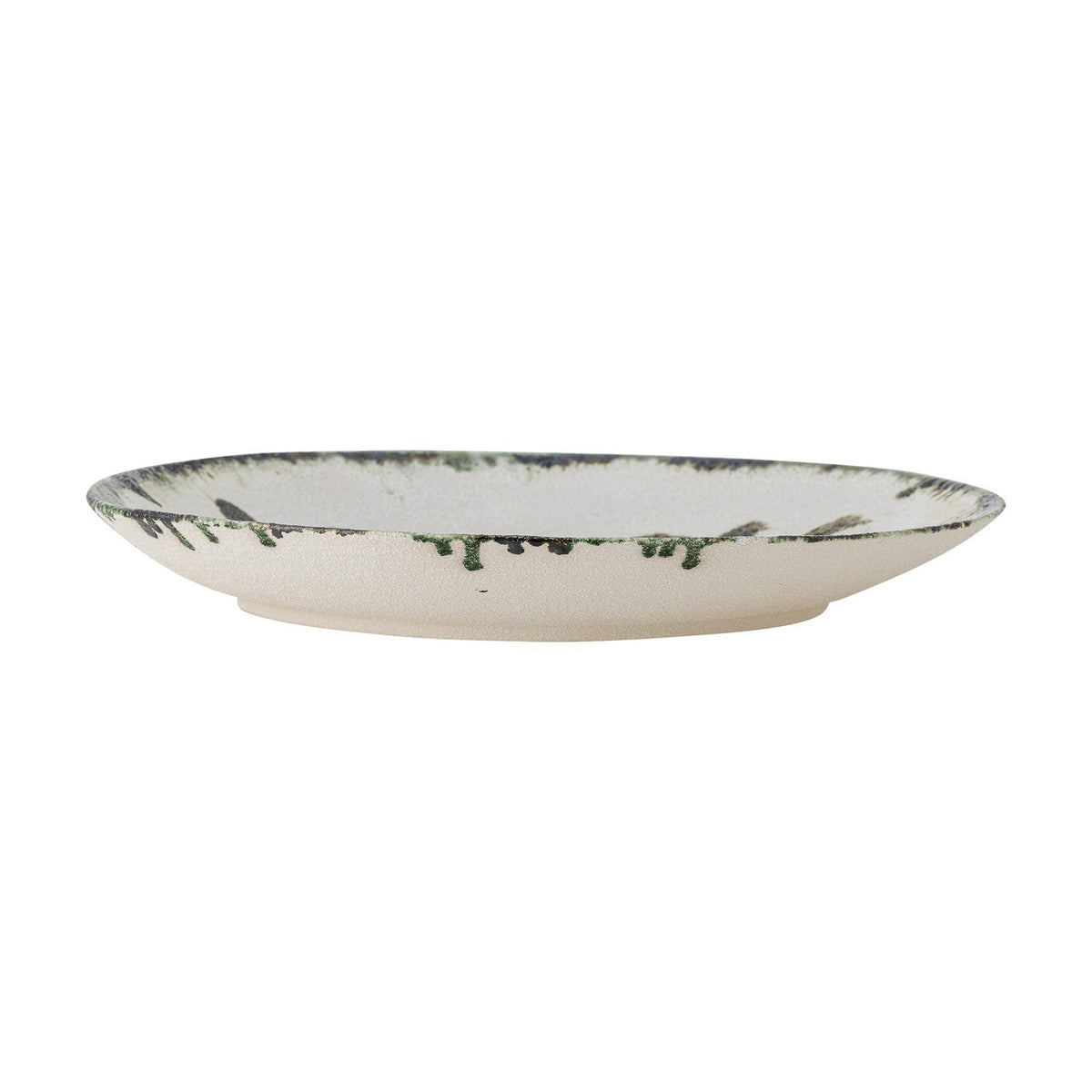 Hadyn Speckled Stoneware Tray in white, a large round tray with a low rim and painted branch-like strokes fading into a darker speckled edge, shown on a plain background.