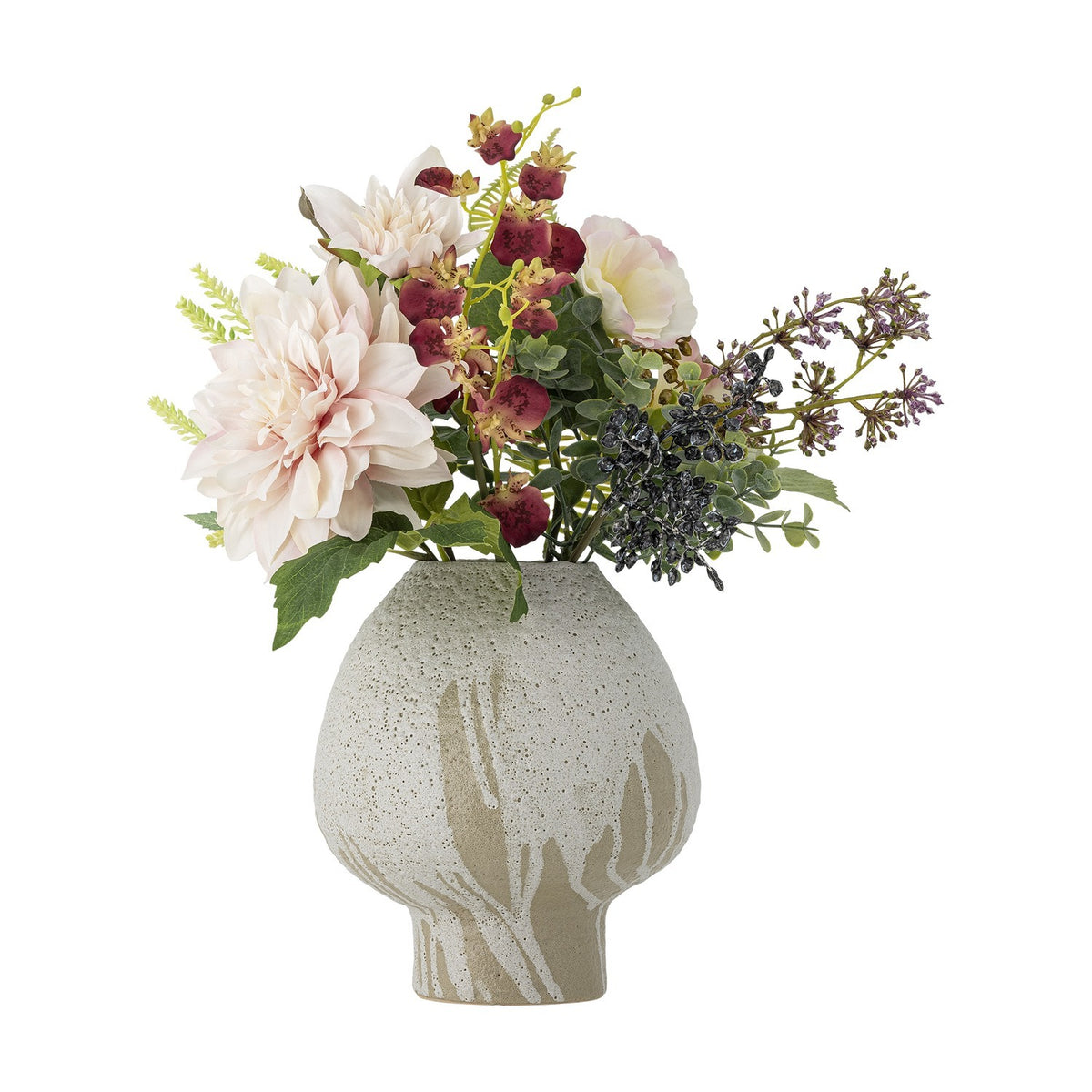 Splendor Artificial Bouquet in Pink, featuring a large many-petalled bloom with berries, foliage and buds in a speckled stoneware vase on a white background.