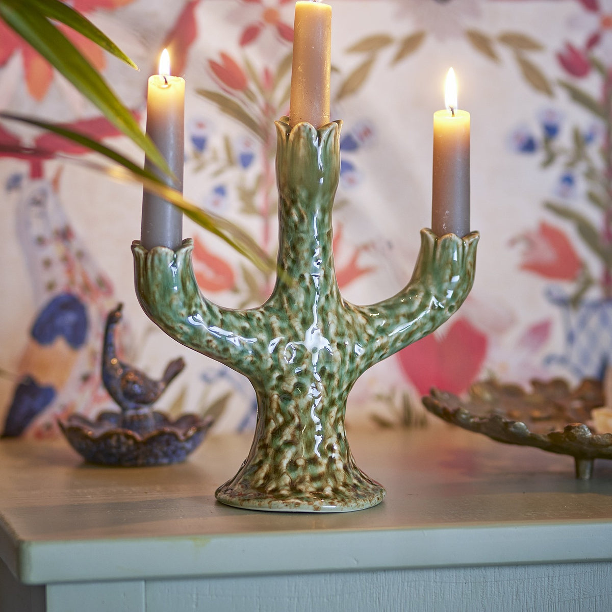 Cyrill Stoneware Candle Holder - Green