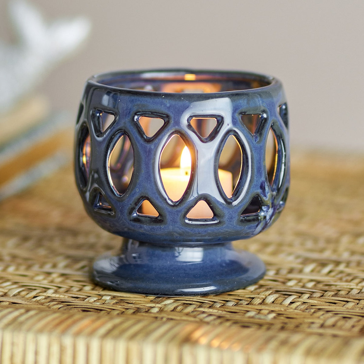 Patty Speckled Stoneware Tealight Holder - Blue