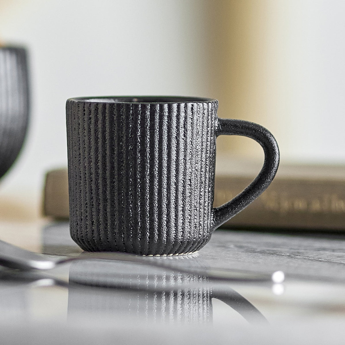 Neri Ribbed Stoneware Espresso Cup 75ml - Black