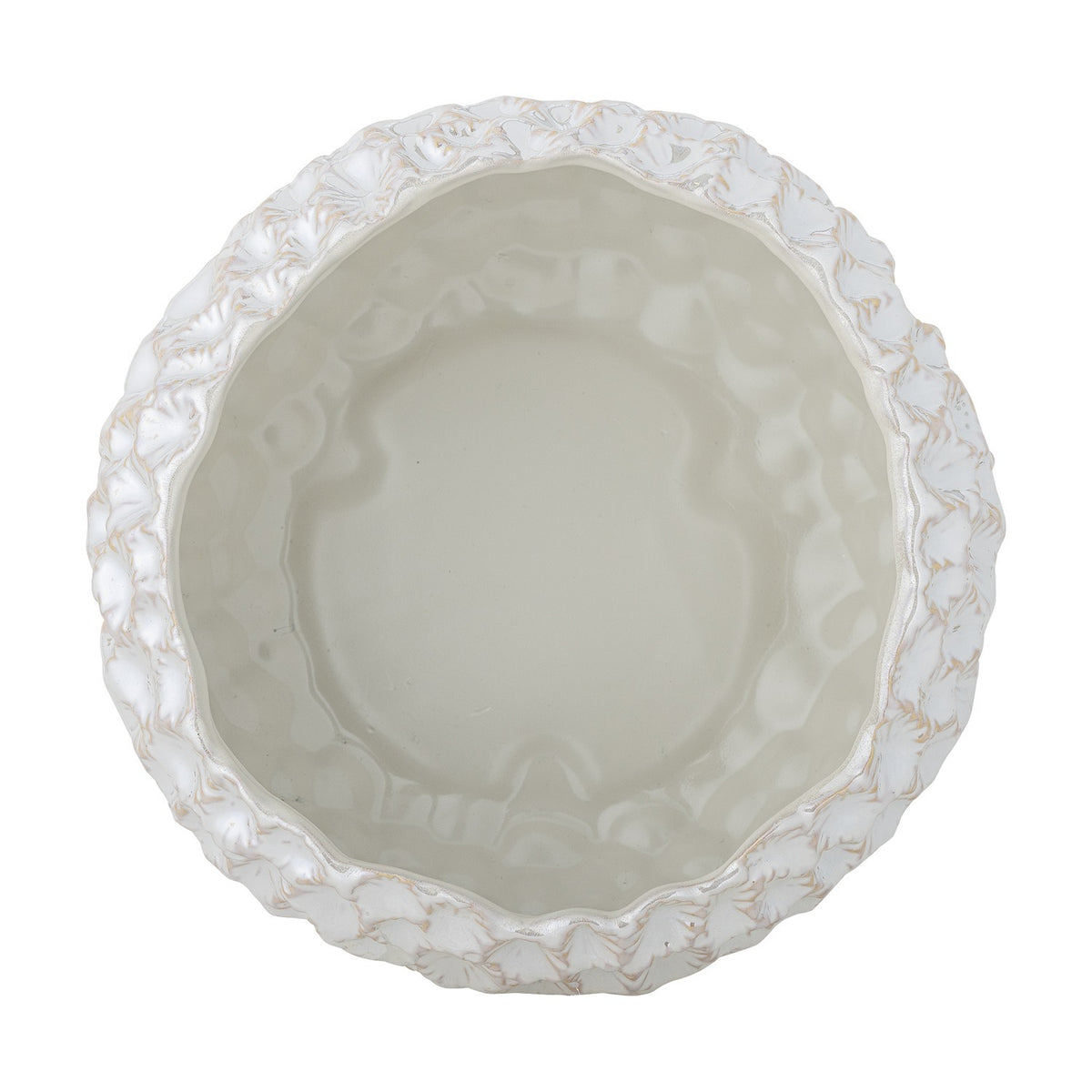 Lowen Stoneware Bowl 24cm in White, top-down view showing a smooth light grey interior and a textured rim with fan-shaped relief detailing, on a plain white background.