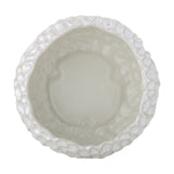 Lowen Stoneware Bowl 24cm in White, top-down view showing a smooth light grey interior and a textured rim with fan-shaped relief detailing, on a plain white background.