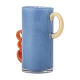 Carlie Glass Vase 25cm in blue, tall straight-sided glass vase with a smooth cream loop handle on one side and a stacked triple-curl orange handle on the other, shown on a plain white background.
