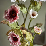 Artificial chrysanthemum stem, 96cm, with fringed pink flower heads, one closed bud, and veined green leaves along a bare stem, shown against a soft neutral background.