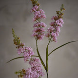 Artificial hydrangea stem, 100cm, with tapering pink floret clusters, closed buds at the tips, and narrow green leaves, shown against a plain grey background.