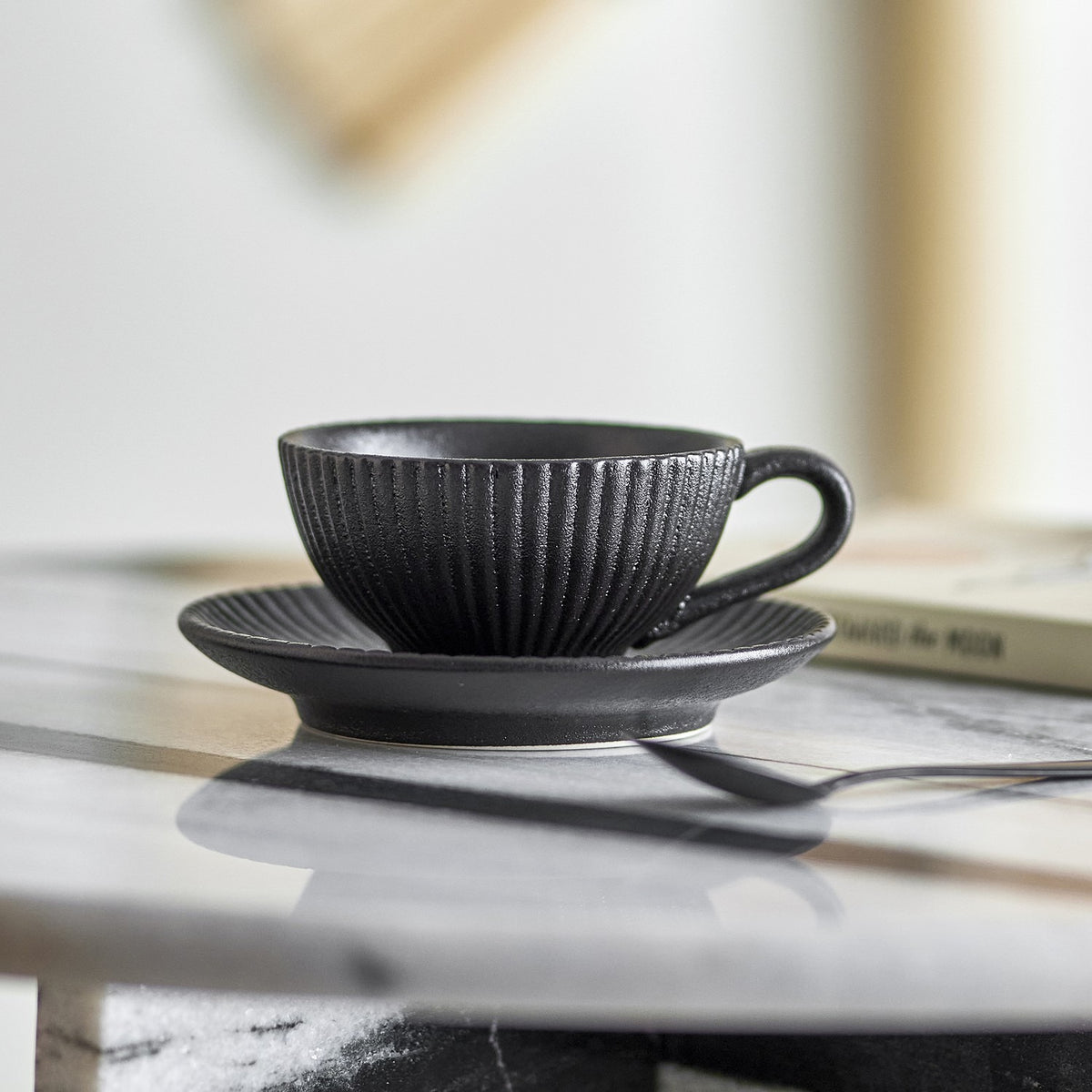 Neri Ribbed Stoneware Cup & Saucer 200ml - Black