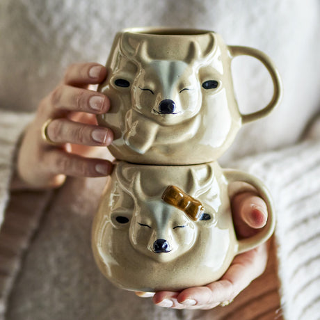 Rudolph Embossed Stoneware Christmas Cups 496ml Set of 2 - Beige