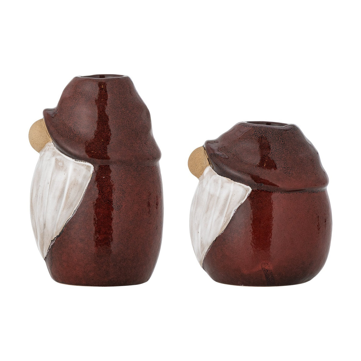 Lyda Stoneware Christmas Candle Holders, set of 2 red gnome-shaped vases with white beard detail and tan hat brim, on a plain white background.