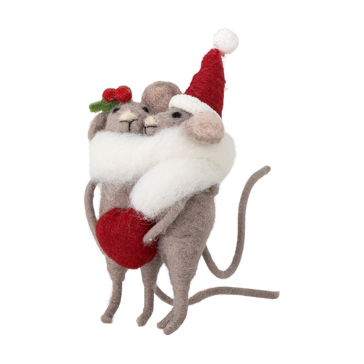 Peo Heart Wool Christmas Tree Decoration in grey, showing two felt mice hugging with a red heart, wearing a holly sprig and a Father Christmas hat, on a white background.