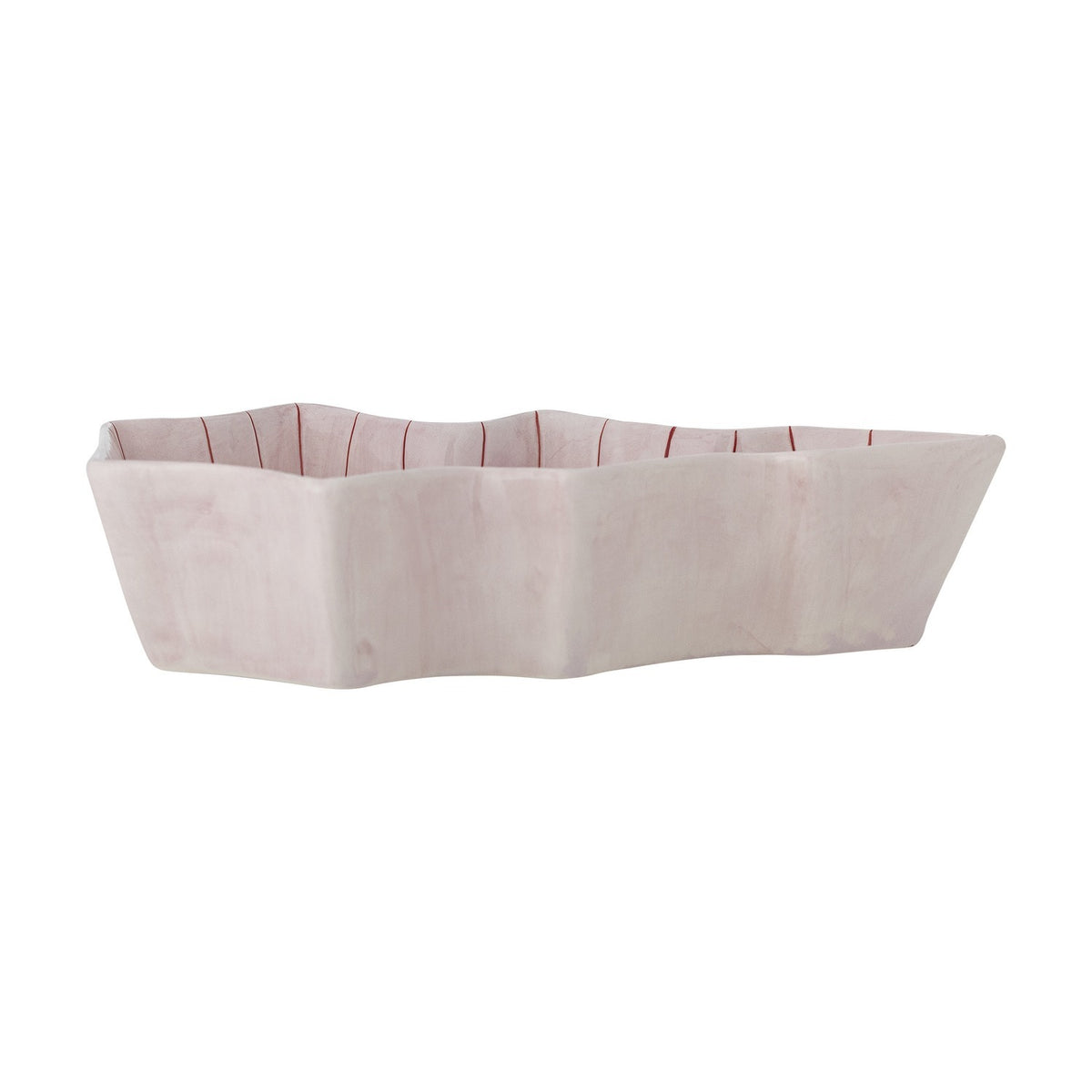 Shirly stoneware Christmas platter in pink, tree-shaped with wavy tiered edges and fine hand-painted stripes along the rim, shown against a plain white background.
