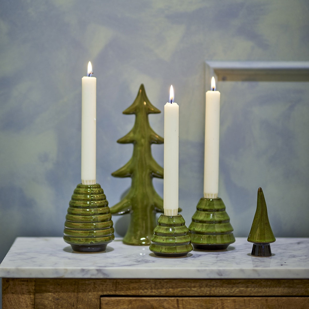 Woods Christmas Tree Stoneware Candle Holders Set of 5 - Green